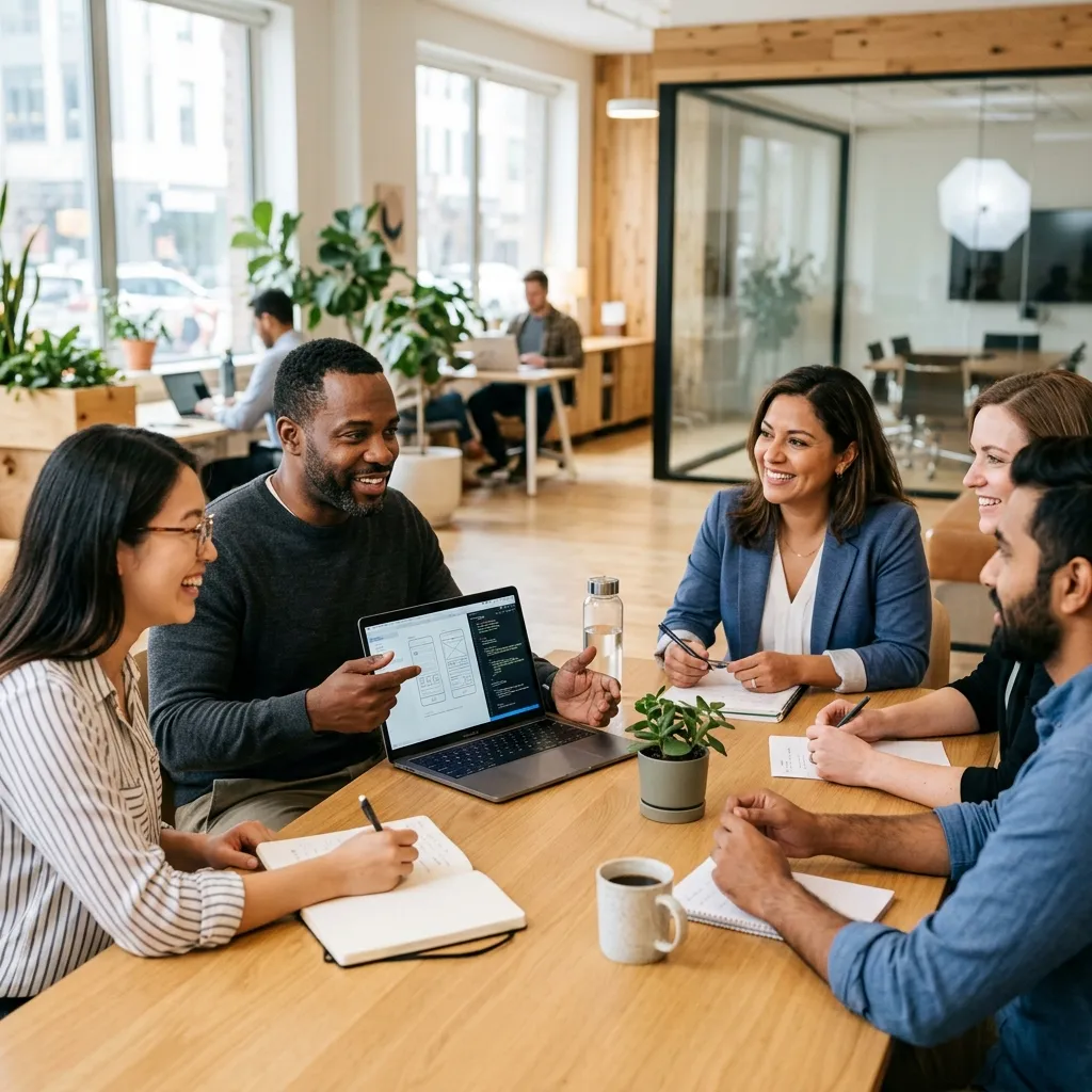 Equipe sênior de engenharia de software da Tech Alliances co-criando o planejamento técnico com cliente B2B em mesa de trabalho