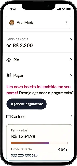Mockup tridimensional do aplicativo financeiro digital LeftBank exibindo painel bancário de transações na tela de celular